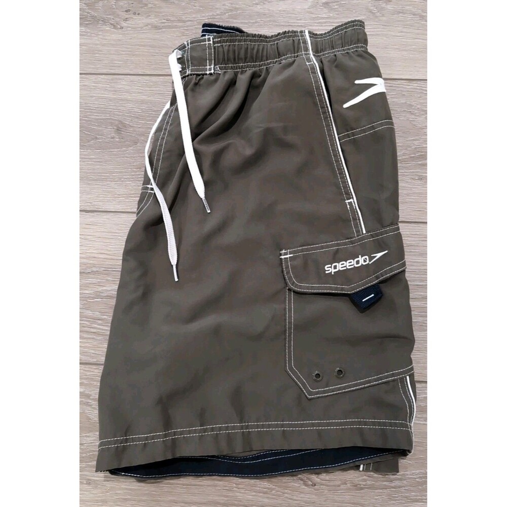 SPEEDO BOARD SHORTS  DARK OLIVE GREEN STRETCH WAIST MESH LINED MENS SIZE L EUC